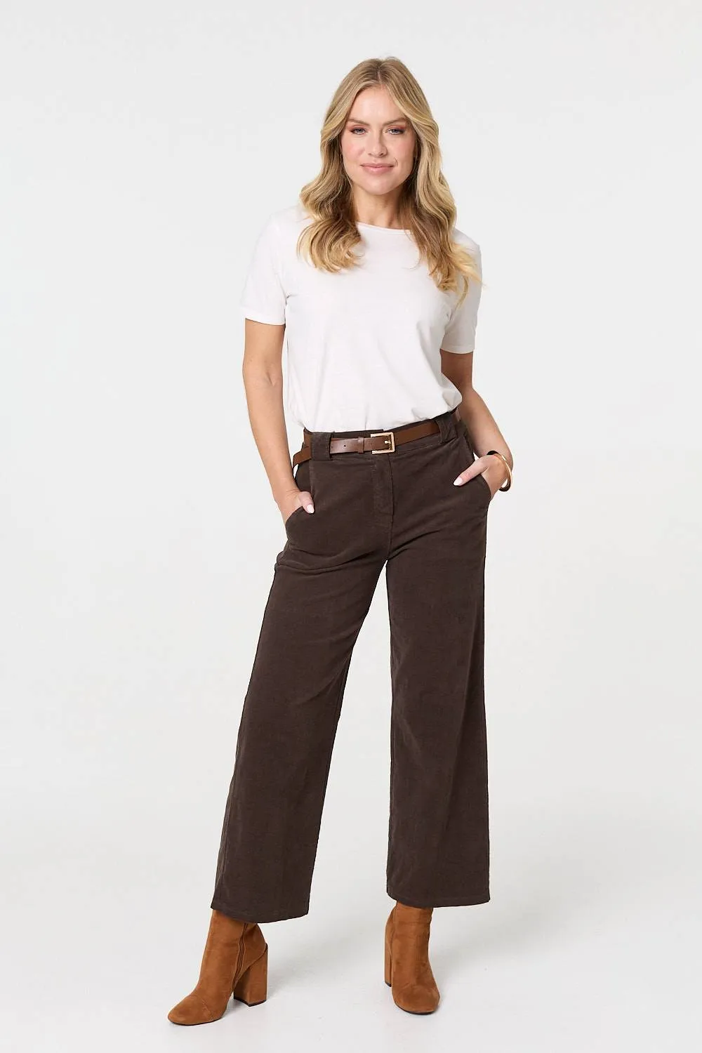 Faux Leather Belt Corduroy Trousers