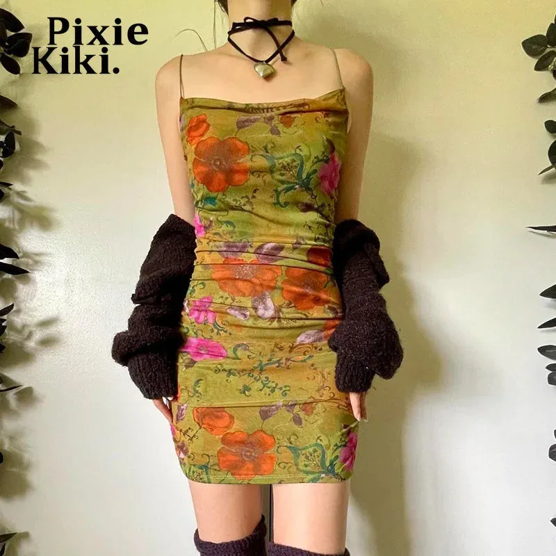 Floral Print Summer Dresses for Women Sexy Spaghetti Strap Ruched Mini Bodycon Dress Y2k 2000s Vintage Clothes P67BC13