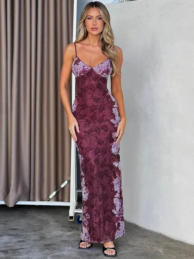 Floral Printed Mesh Bodycon Dress for Women 2023 Evening Party Spaghetti Strap V Neck Backless Long Dresses C33-CI29