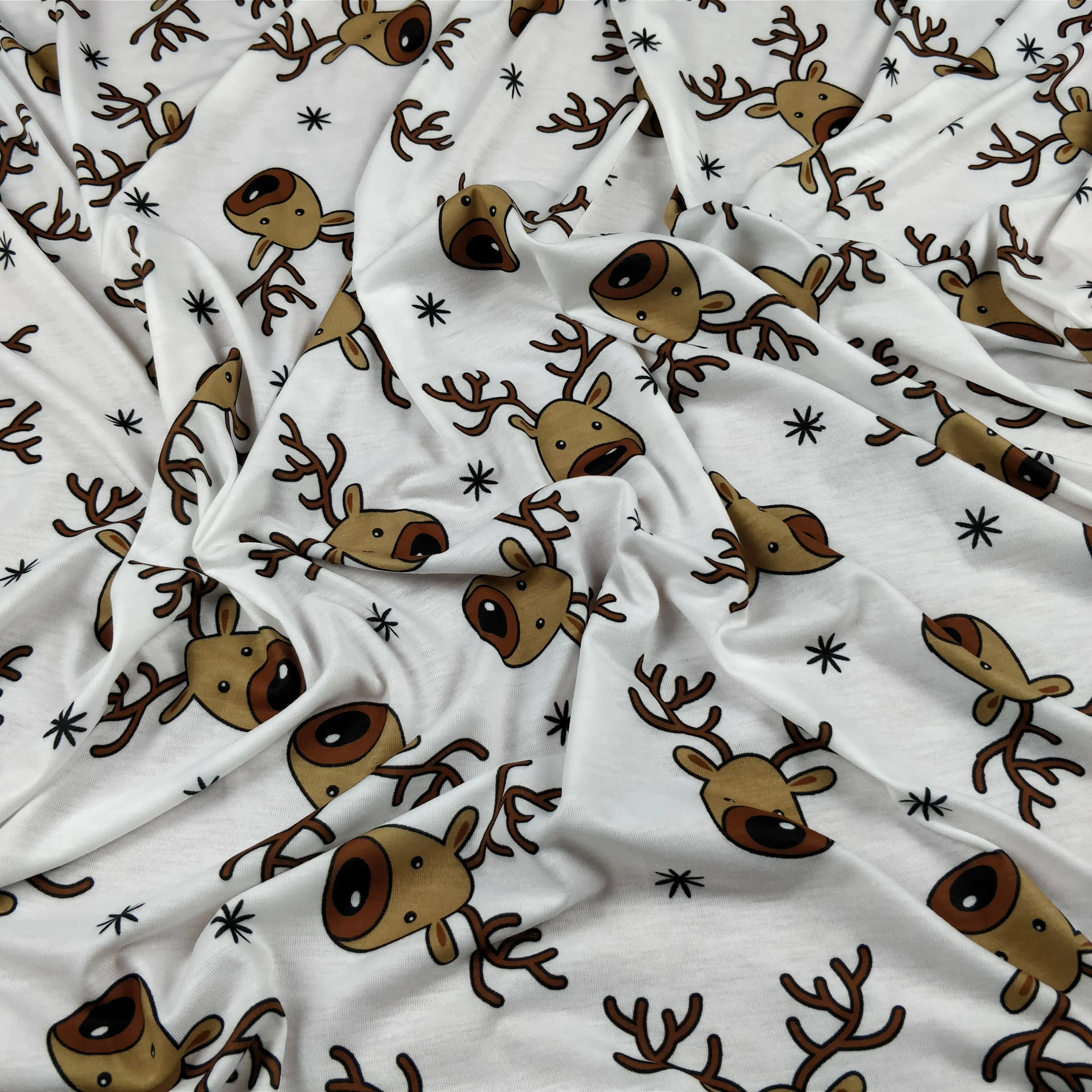 FS073_1 Christmas Rudolf Reindeer Spun Polyester Jersey Knit Stretch Fabric White