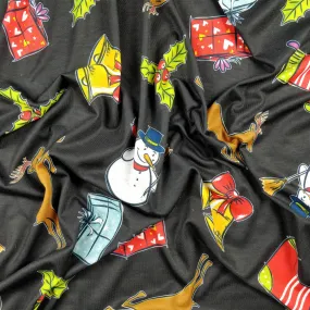 FS151 Snowman Bells Print Black Spun Polyester Knit Stretch Fabric Black