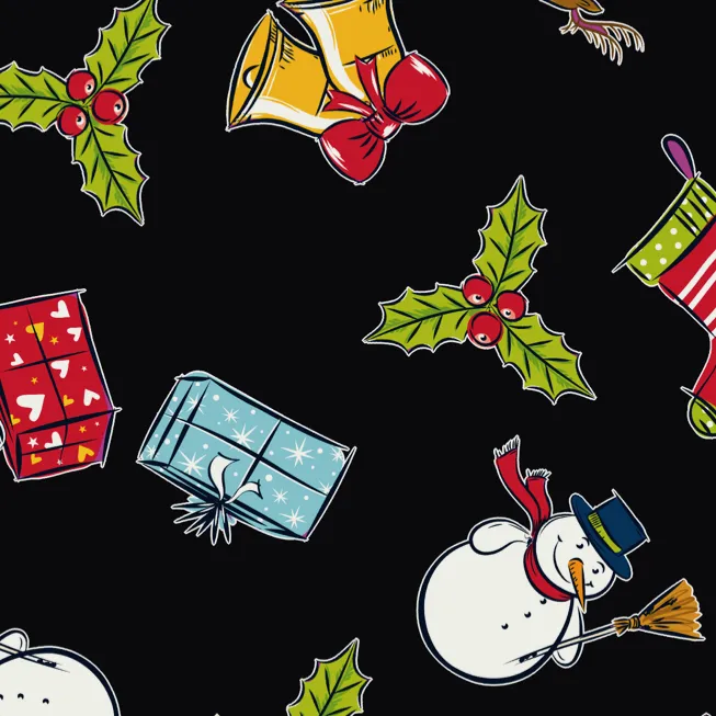 FS151 Snowman Bells Print Black Spun Polyester Knit Stretch Fabric Black