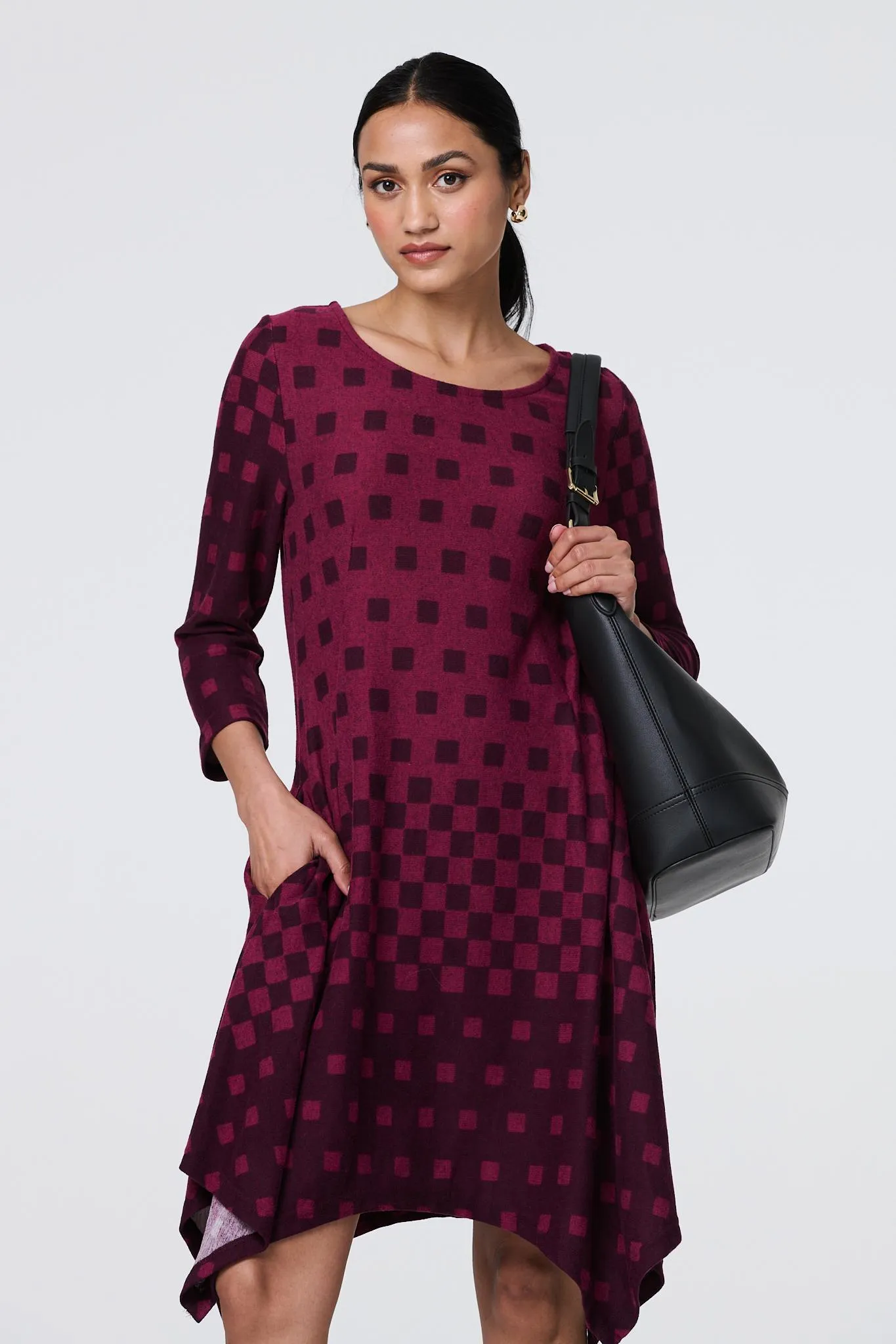 Geo Print Hanky Hem Long Sleeve Midi Dress