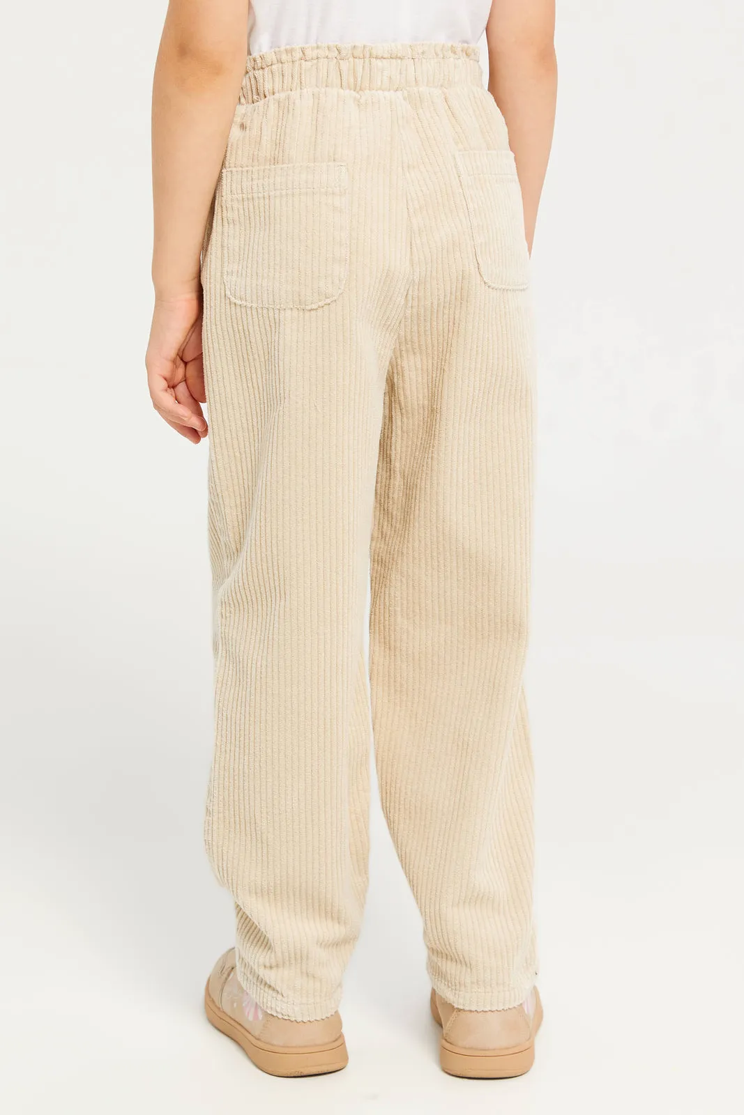 Girl Beige Elastic Waist Band Wide Leg Trouser