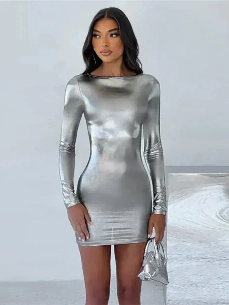 Gray Metallic Long Sleeve Bodycon Dress Fashion Fall Winter Short Dresses for Women Party Night Club Outfits C70-BF19