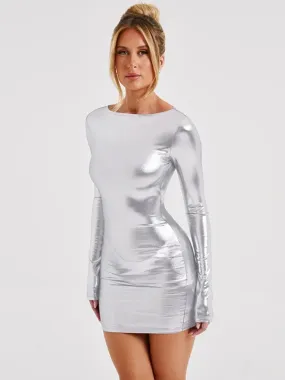 Gray Metallic Long Sleeve Bodycon Dress Fashion Fall Winter Short Dresses for Women Party Night Club Outfits C70-BF19