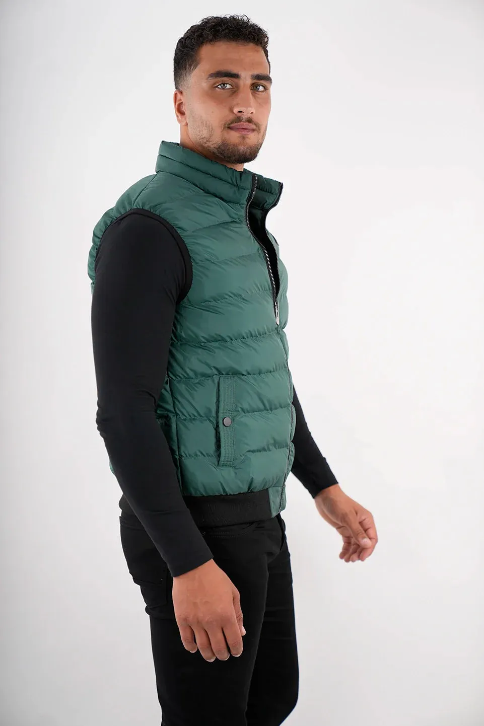 Green Vest Puffer With Side Pockets