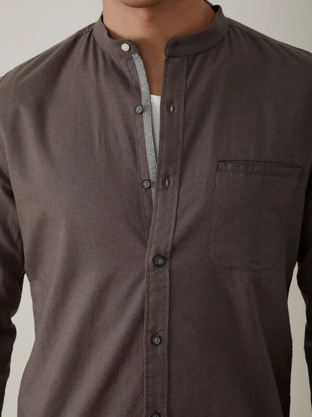 Grey Plain Chinese Collar Shirt