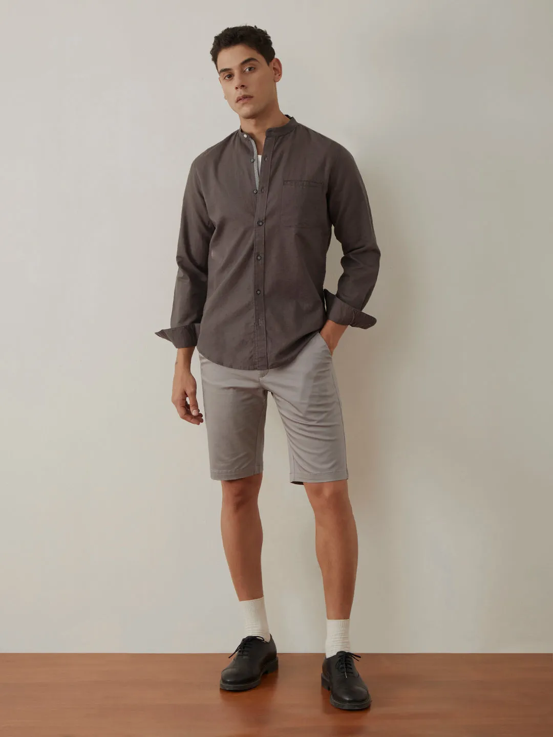 Grey Plain Chinese Collar Shirt