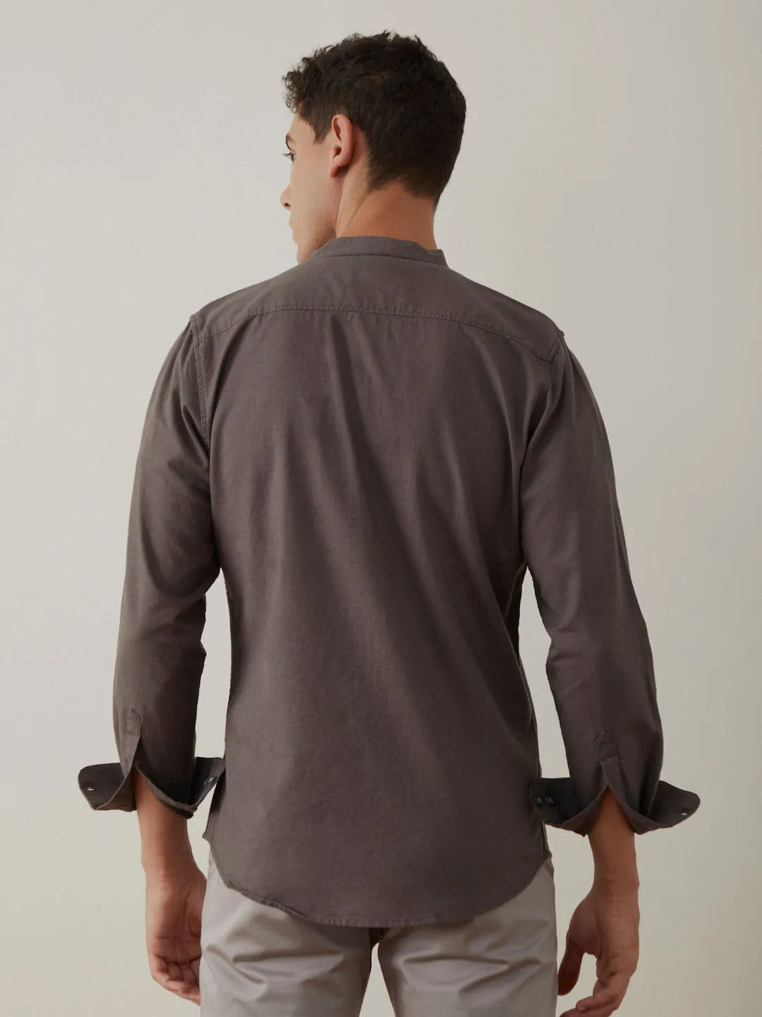 Grey Plain Chinese Collar Shirt