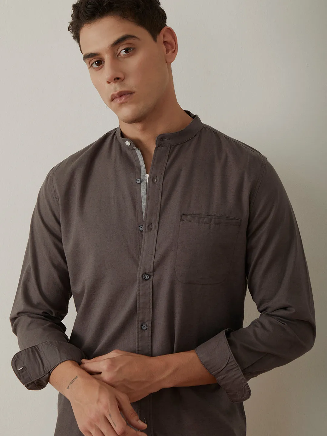 Grey Plain Chinese Collar Shirt