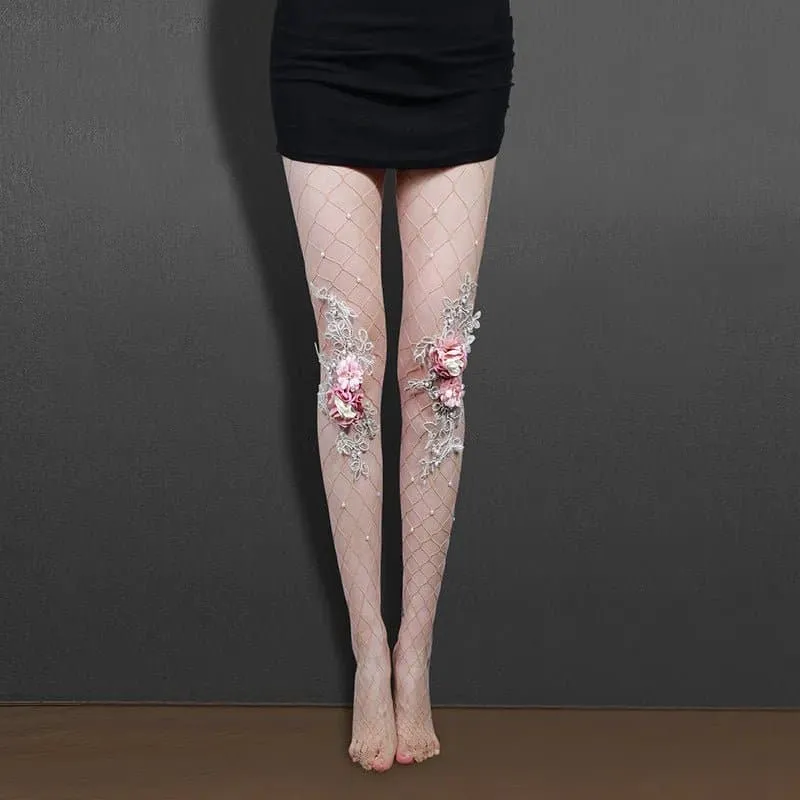 Handmade Fishnet Pink Pantyhose - Floral Pattern Women's Tights