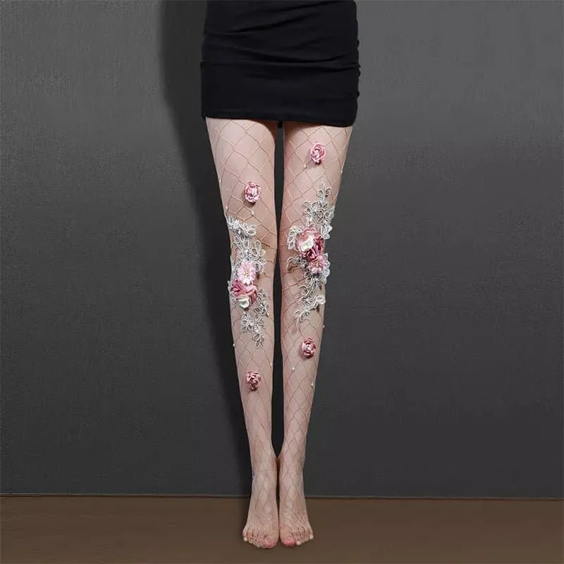 Handmade Fishnet Pink Pantyhose - Floral Pattern Women's Tights