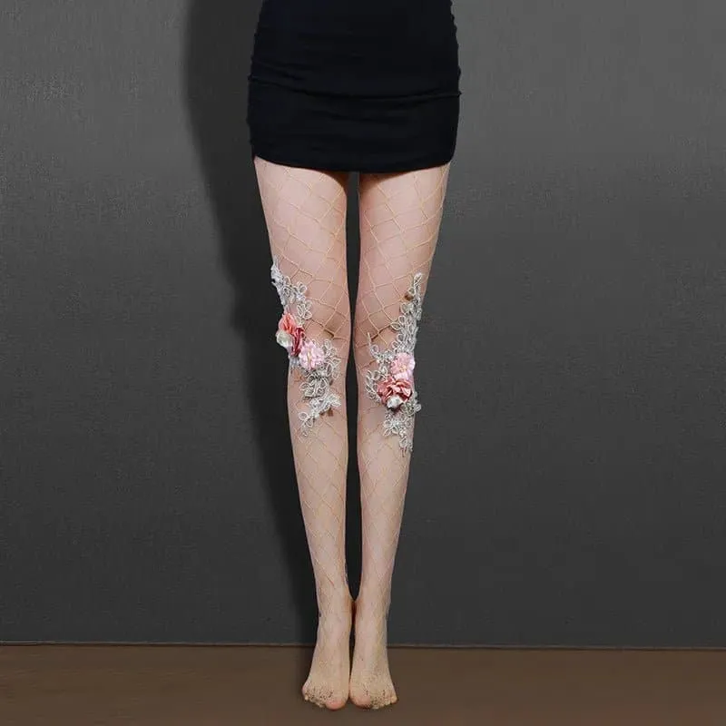 Handmade Fishnet Pink Pantyhose - Floral Pattern Women's Tights