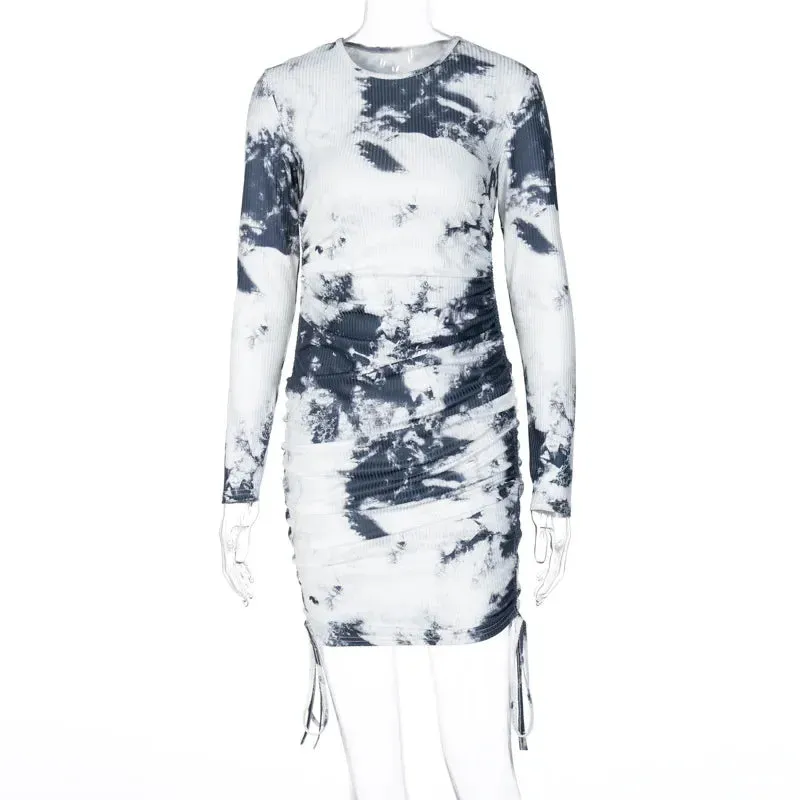 High Fashion Ribbed Tie Dye Bodycon Dress Vestidos Mujer 2020 Autumn Sexy Ruched Long Sleeve Woman Dress C70-CH31