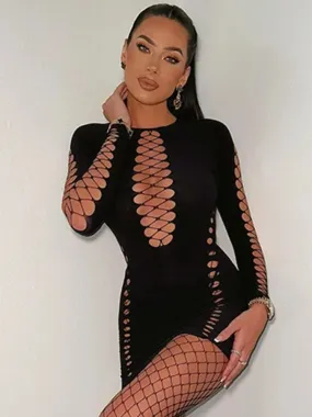 Hollow Out See Through Long Sleeve Bandage Dresses Sexy Black Nightclub Outfis Bodycon Mini Dress for Women C15-BF19