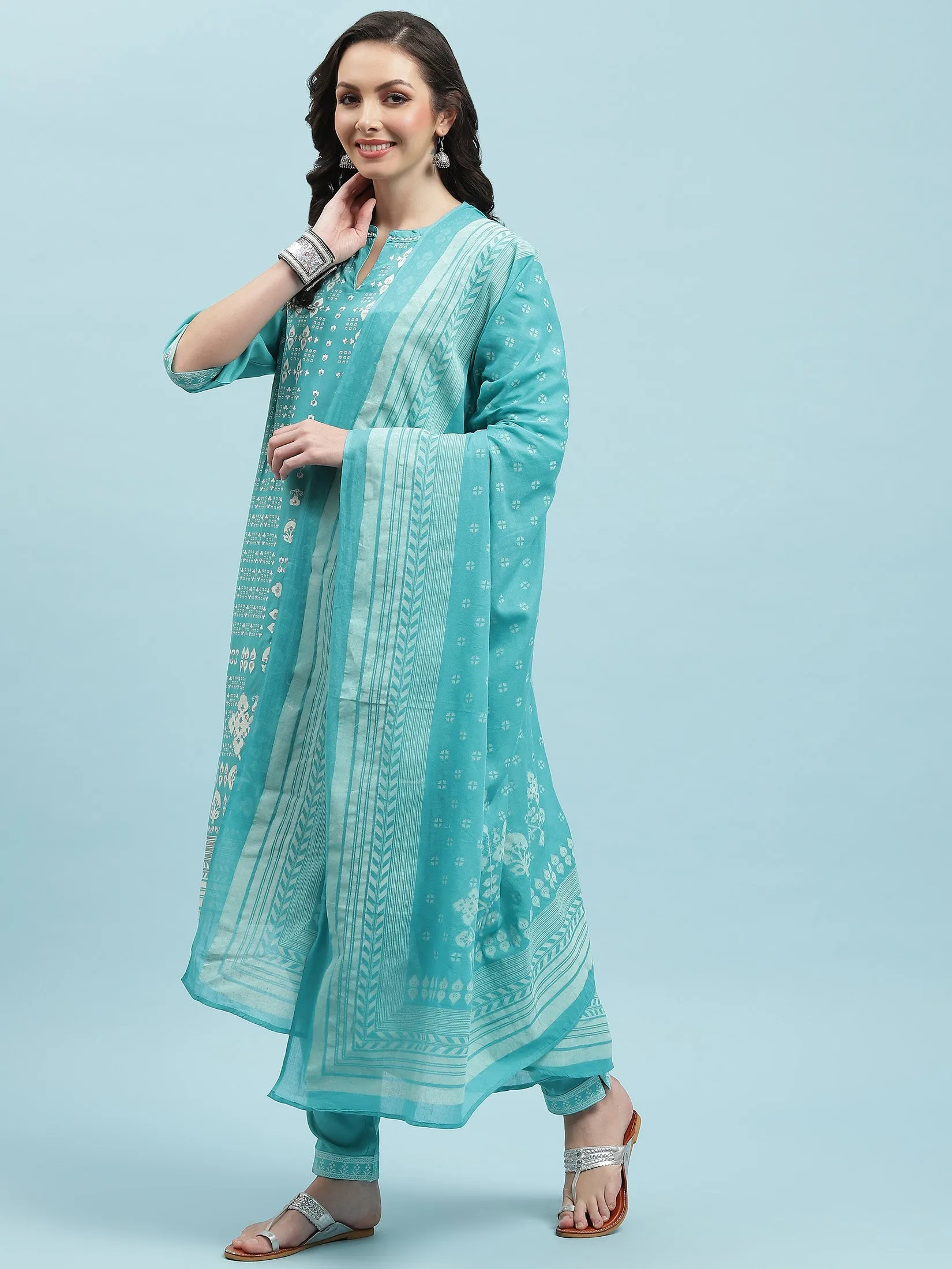 Indiessence Turquoise Blue Ornamental Printed Kurta Trouser Dupatta