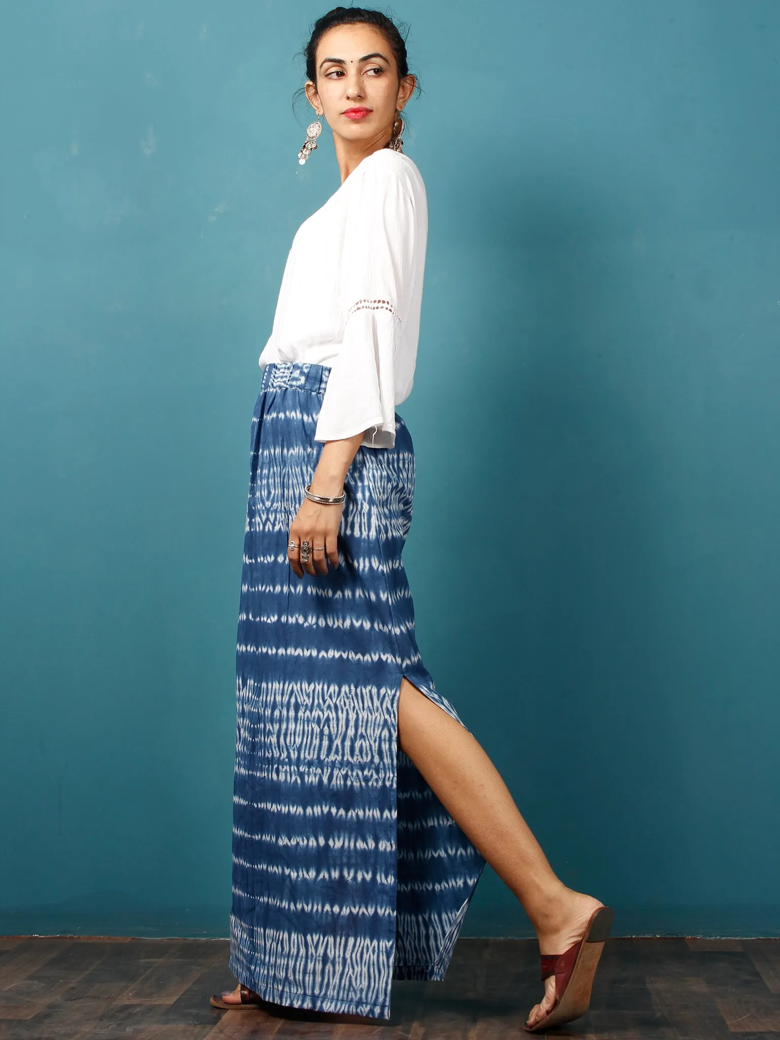 Indigo White Shibori Hand Block Printed Straight Skirt With Side Slits - S40F293