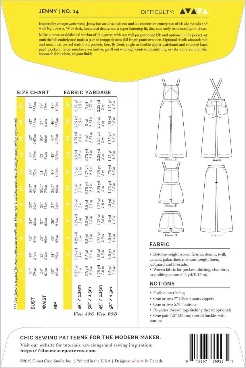 Jenny Overalls - Closet Core Patterns - Sizes 0-20