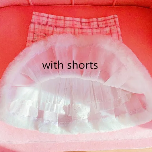 Kawaii Pleated Mini Pink Women Skirt with Lace, Fur, & Shorts