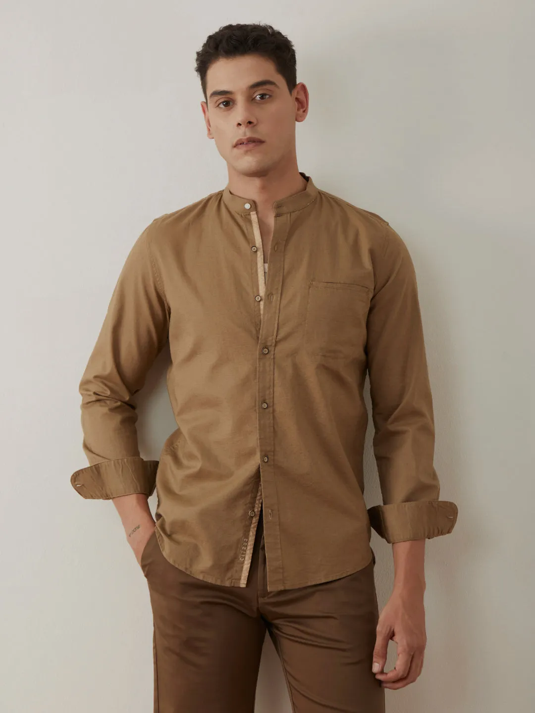 Khaki Chinese Collar Shirt