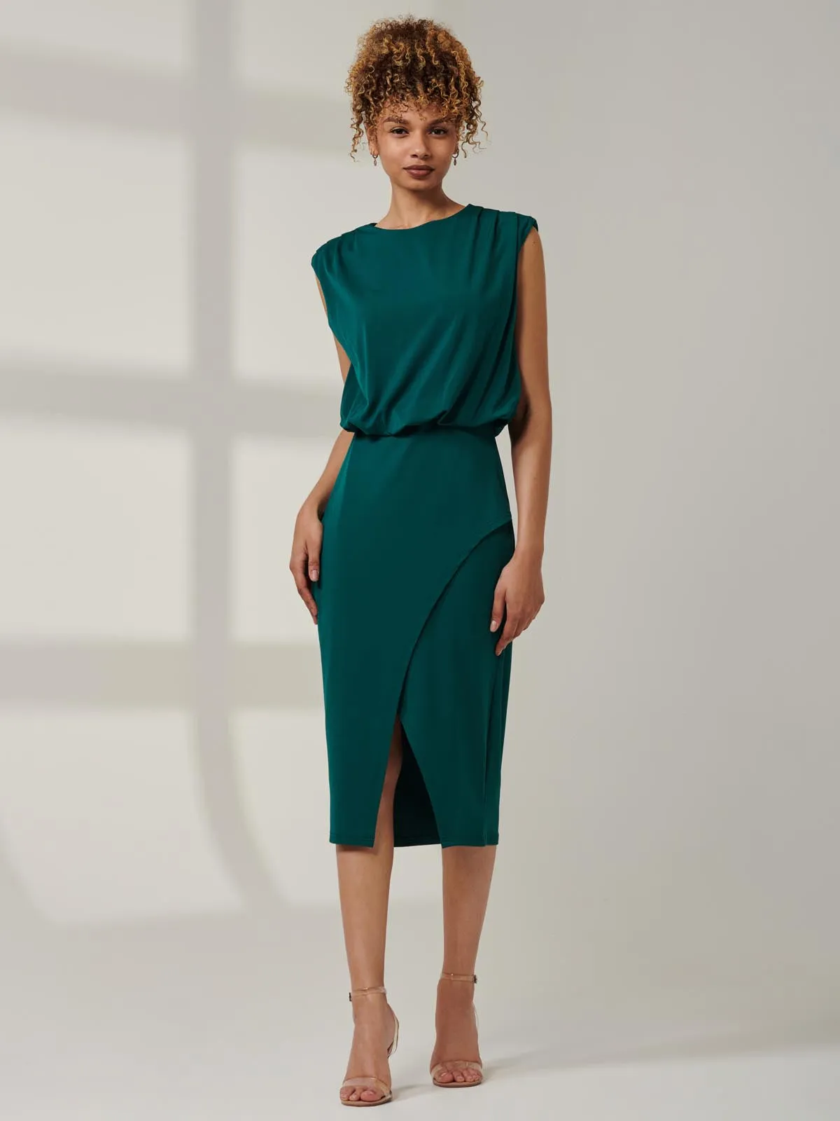 Kira Tiered Draped Bodycon Dress, Green