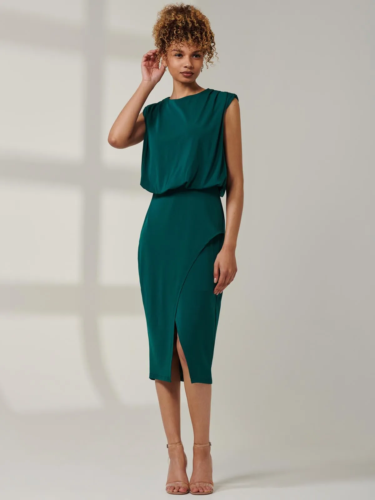 Kira Tiered Draped Bodycon Dress, Green