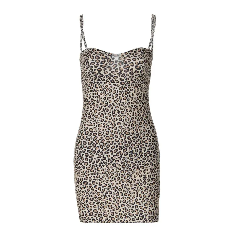 Leopard Print Spaghetti Strap Backless Mini Bodycon Dress Y2k Sexy Summer Dresses for Women Club Outfits P70-BI18