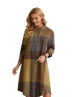 Leriya Fashion Western Dress || Rayon Color Block Half Button Front Dress for Women || Long Cuff Sleeve & Stand Collared Neck Tunic Dress || Office || Summer Dresses for Women. (XXX-Large, Mustard)