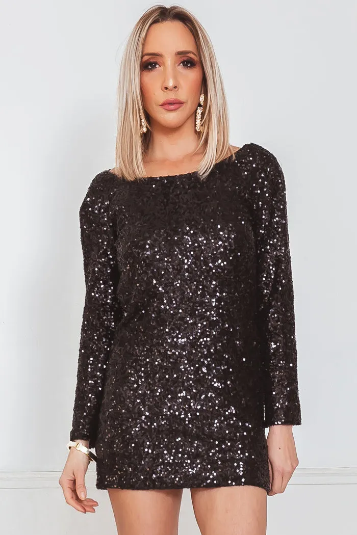 Long Sleeve Sequin Bodycon Dress - Black