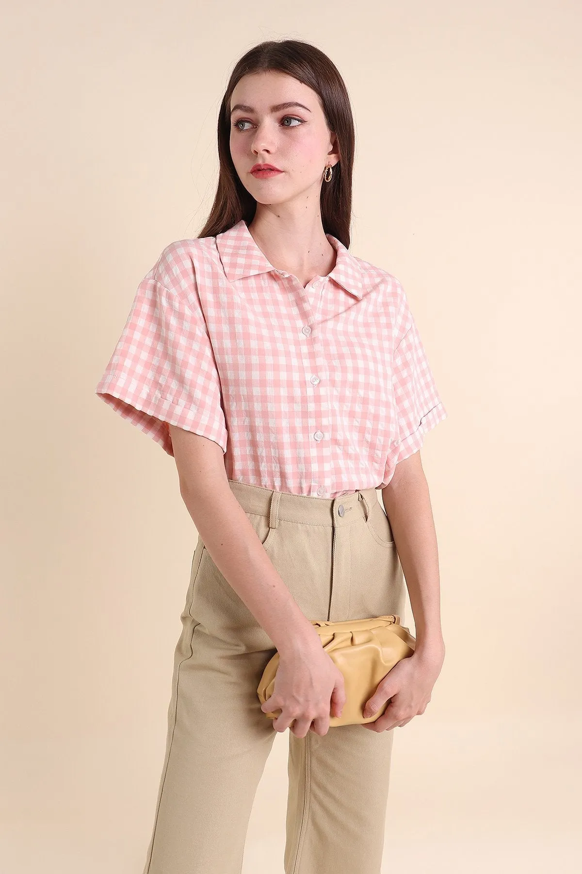 MADEBYNM ISOLA GINGHAM BUTTONED SHIRT IN PINK