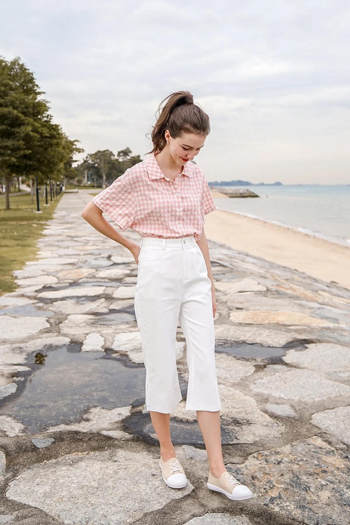 MADEBYNM ISOLA GINGHAM BUTTONED SHIRT IN PINK