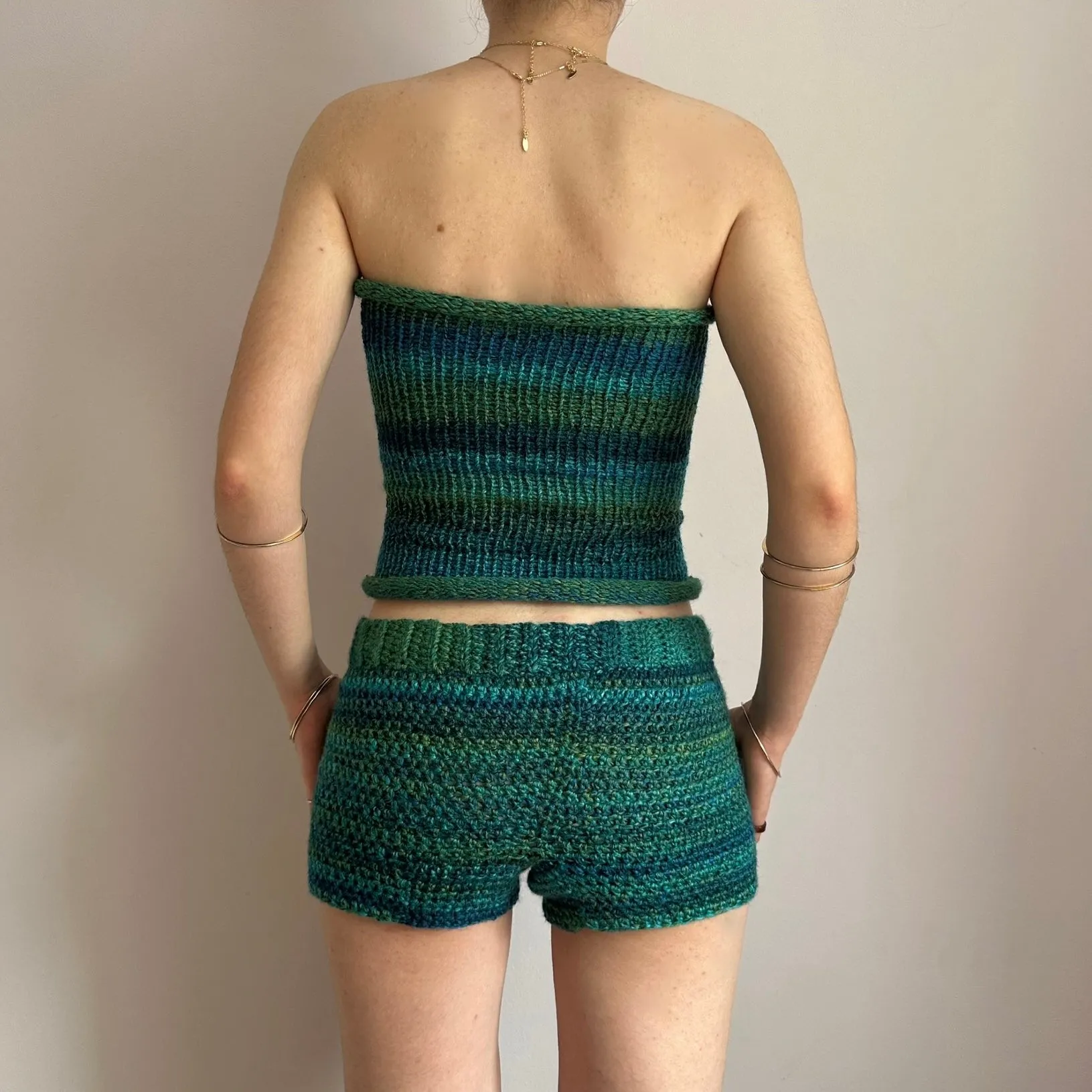 Matching set: green and blue striped crochet shorts and knit bandeau top