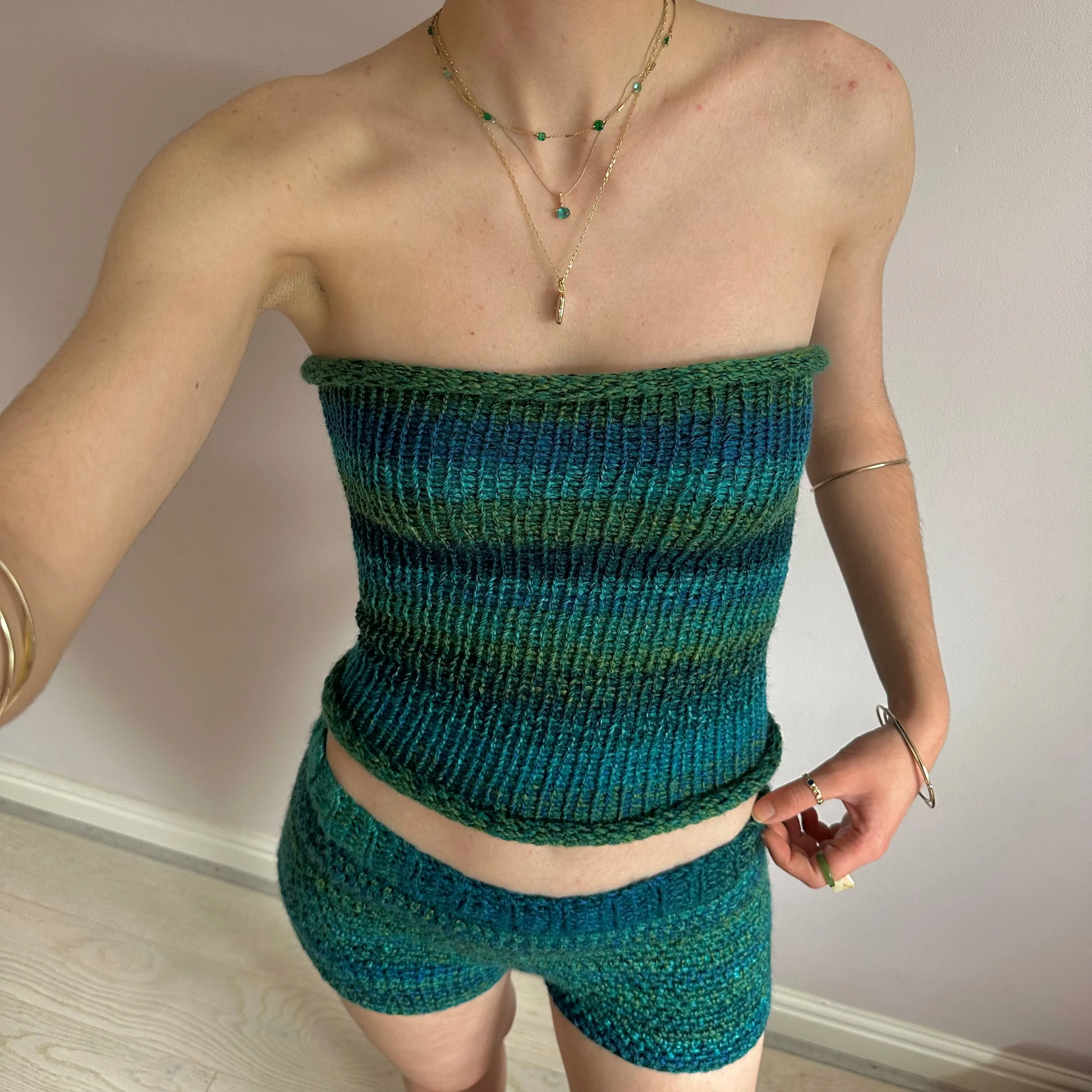 Matching set: green and blue striped crochet shorts and knit bandeau top