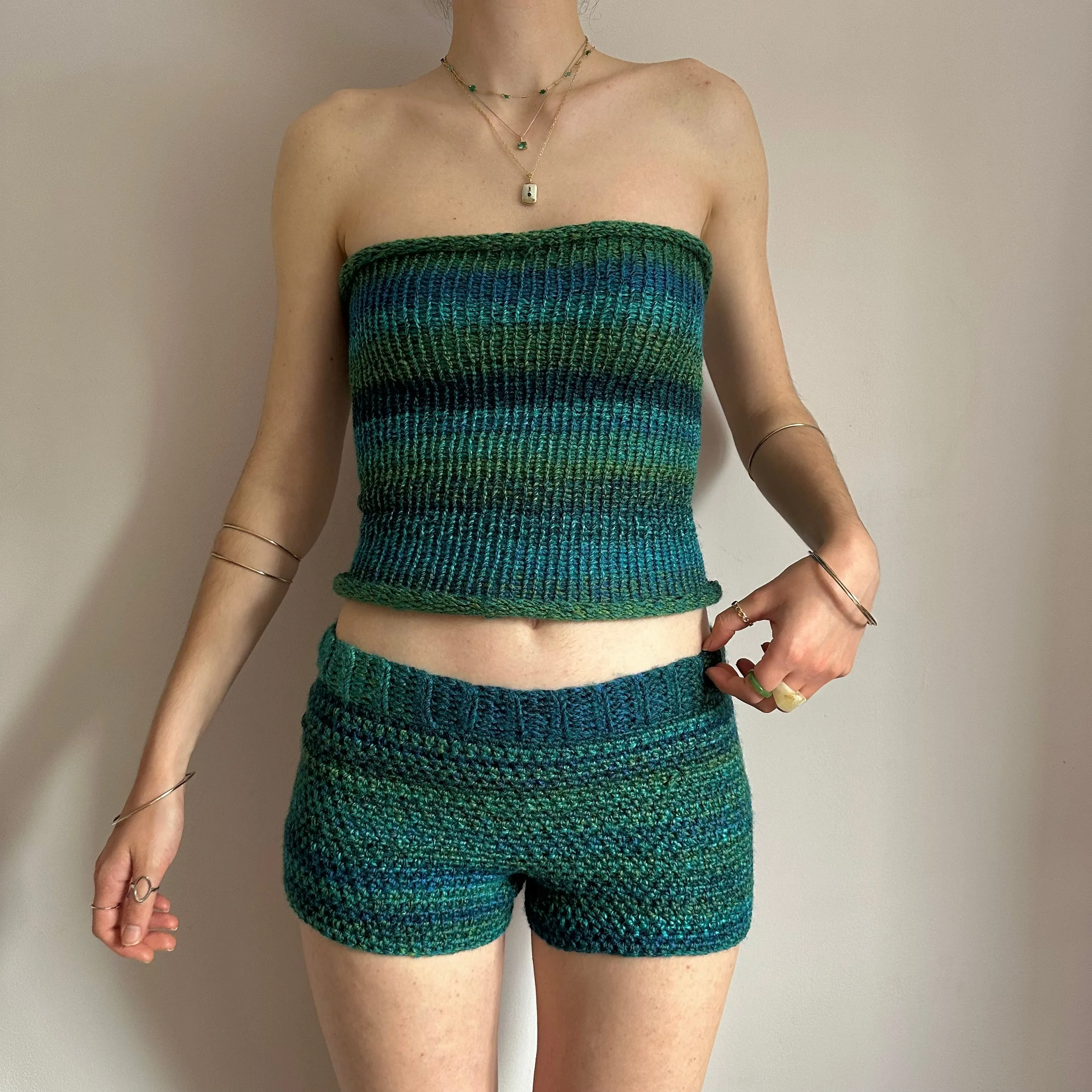 Matching set: green and blue striped crochet shorts and knit bandeau top