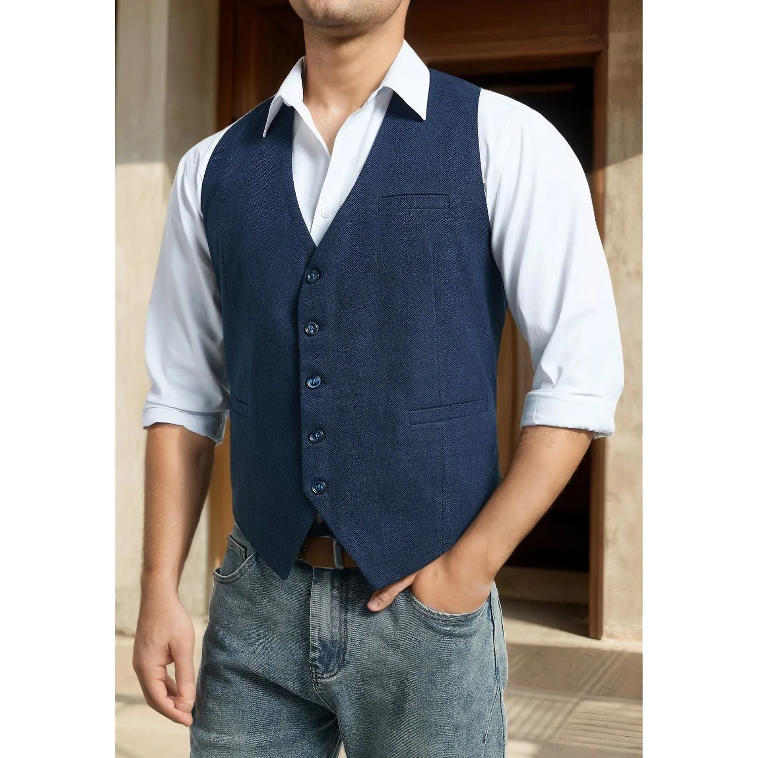 Men's Herringbone Tweed Vest - BLUE