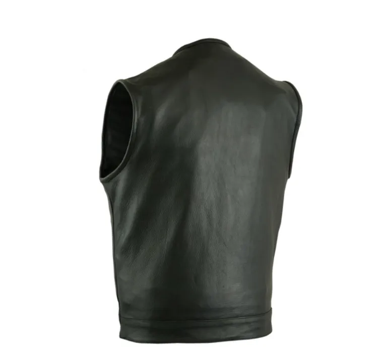 Men's Milled Cowhide No Collar Motorcycle Vest Single Panel Back With Gun Pockets