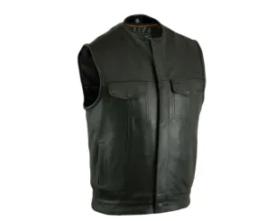 Men's Milled Cowhide No Collar Motorcycle Vest Single Panel Back With Gun Pockets