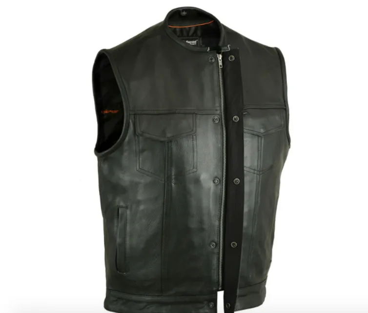 Men's Milled Cowhide No Collar Motorcycle Vest Single Panel Back With Gun Pockets