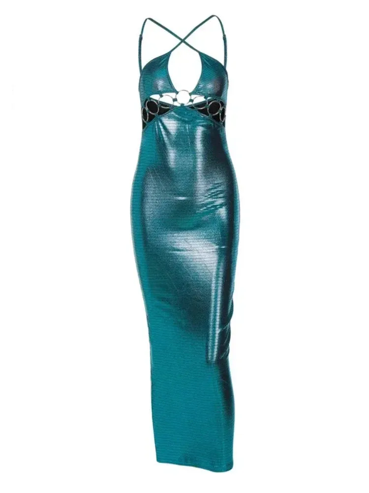 Metallic Blue Halter Long Sexy Dresses Women 2023 Party Night Club Outfits Hollow Backless Bodycon Dress C70-DZ21