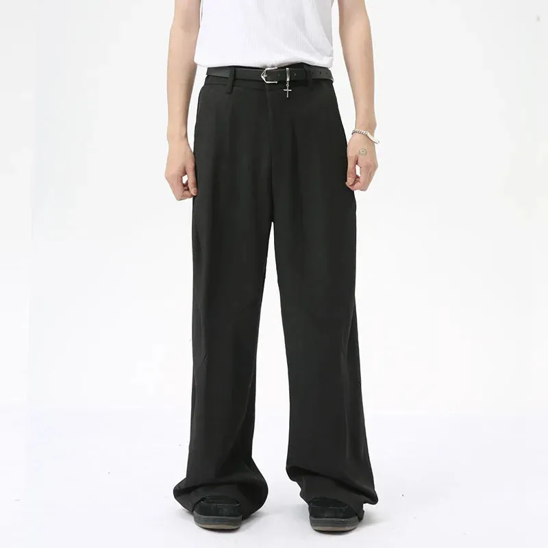 Minimalist Men's Suit Pants Business Casual Pleated Solid Color Straight Loose Trousers Wide Leg Droop Male Bottom 9C7025