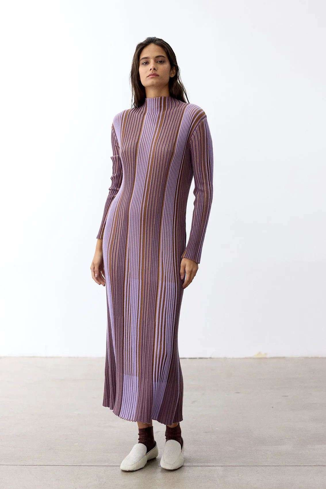 Mock Neck Contrast Knitted Dress Pima Cotton - Lavanda