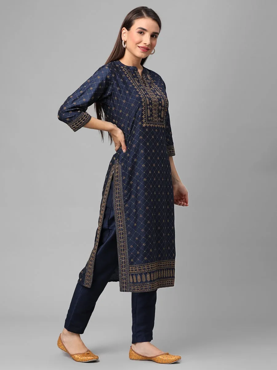 Navy Blue Ornamental Printed Kurta Trouser Dupatta