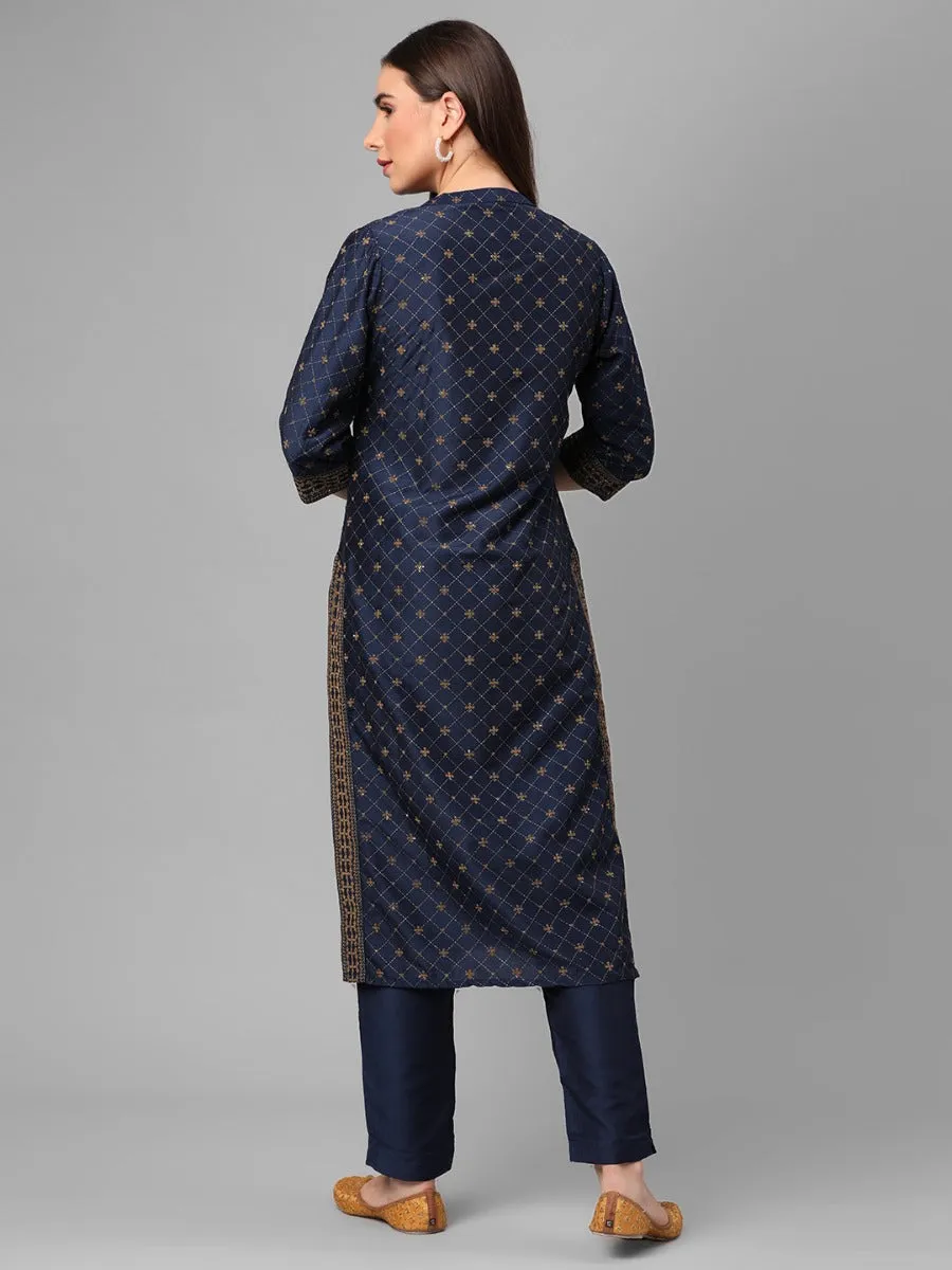 Navy Blue Ornamental Printed Kurta Trouser Dupatta