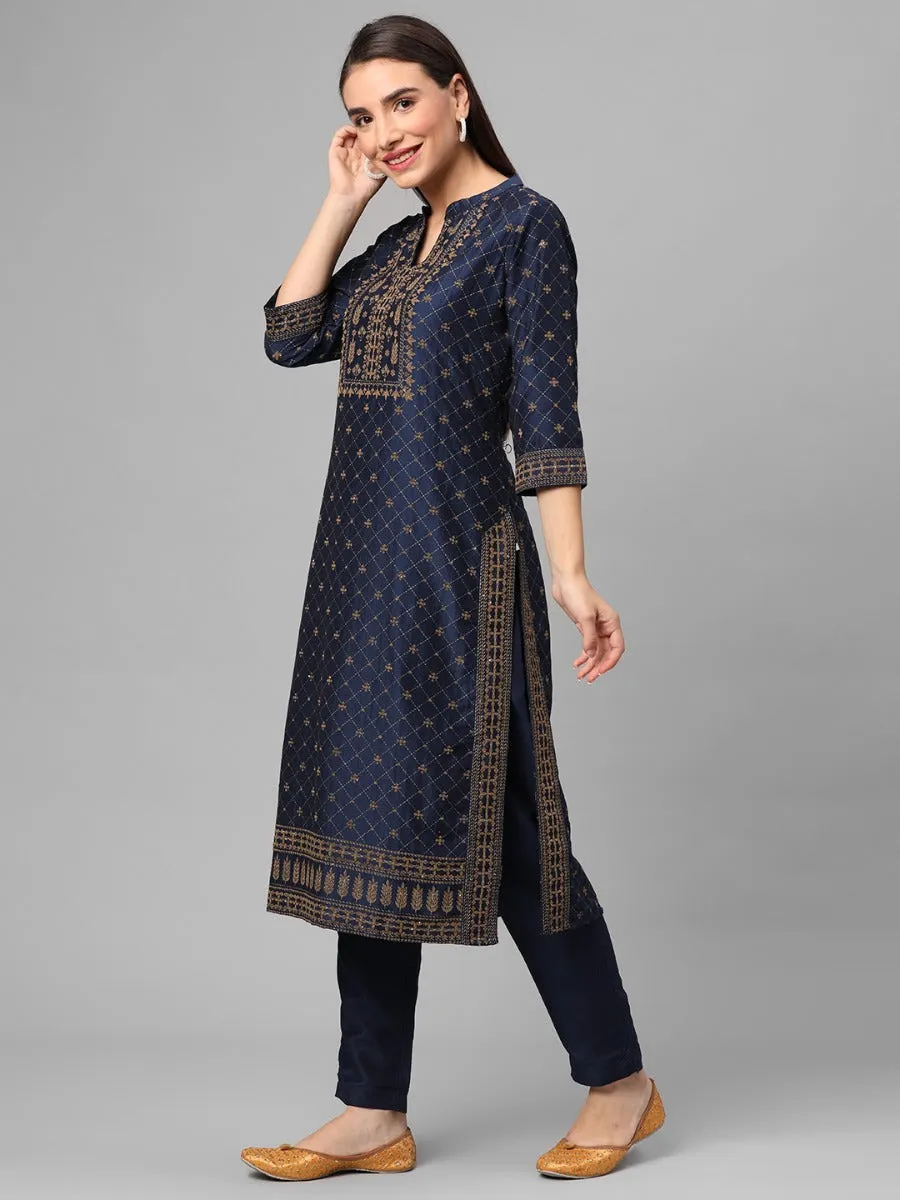 Navy Blue Ornamental Printed Kurta Trouser Dupatta