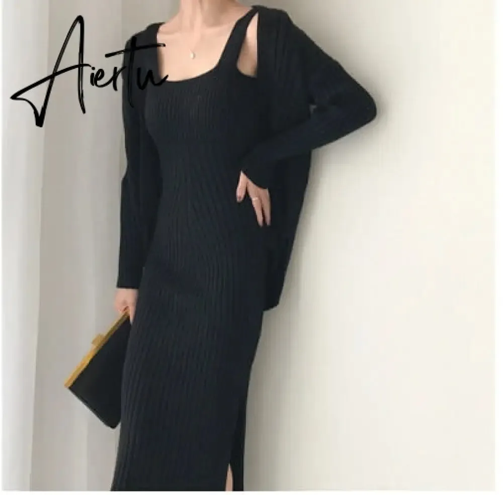 New High Quality Winter Women's Casual Long Sleeved Cardigan   Suspenders Sweater Vest Two Piece Runway Dresses Suit