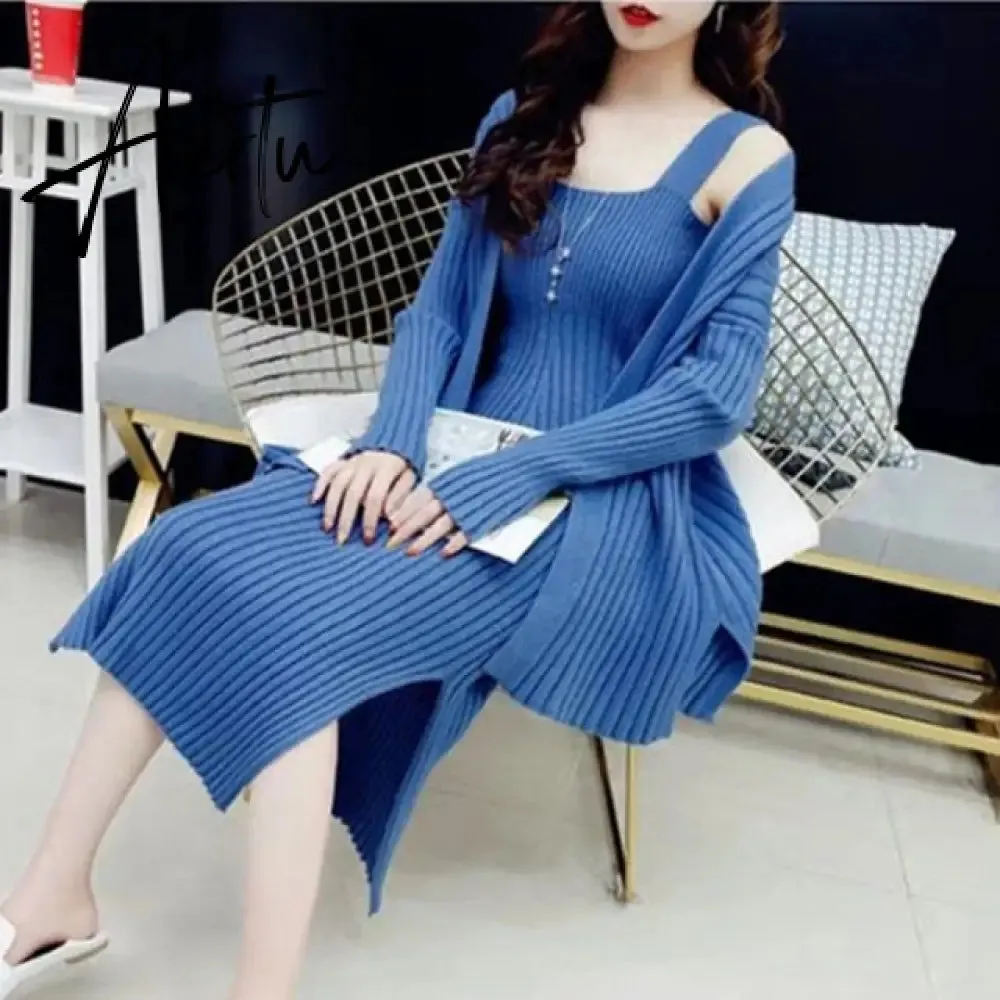 New High Quality Winter Women's Casual Long Sleeved Cardigan   Suspenders Sweater Vest Two Piece Runway Dresses Suit