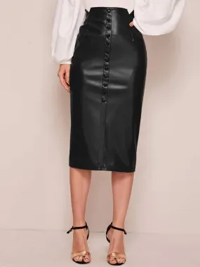 Notched Waistband Buttoned Front PU Leather Skirt