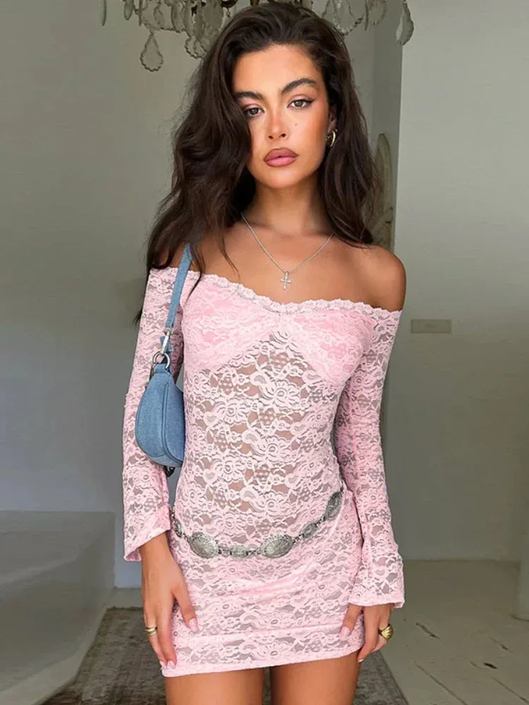 Off Shoulder Flared Long Sleeve Mini Dresses for Women Sexy See Through Lace Bodycon Dress Fashion 2024 C85-DZ20