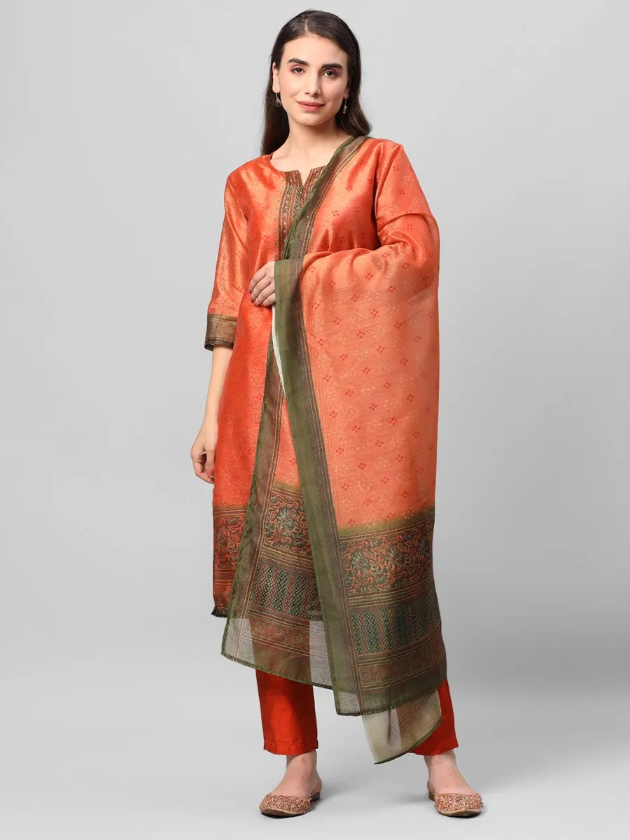 Orange Ornamental Printed Kurta Trouser Dupatta